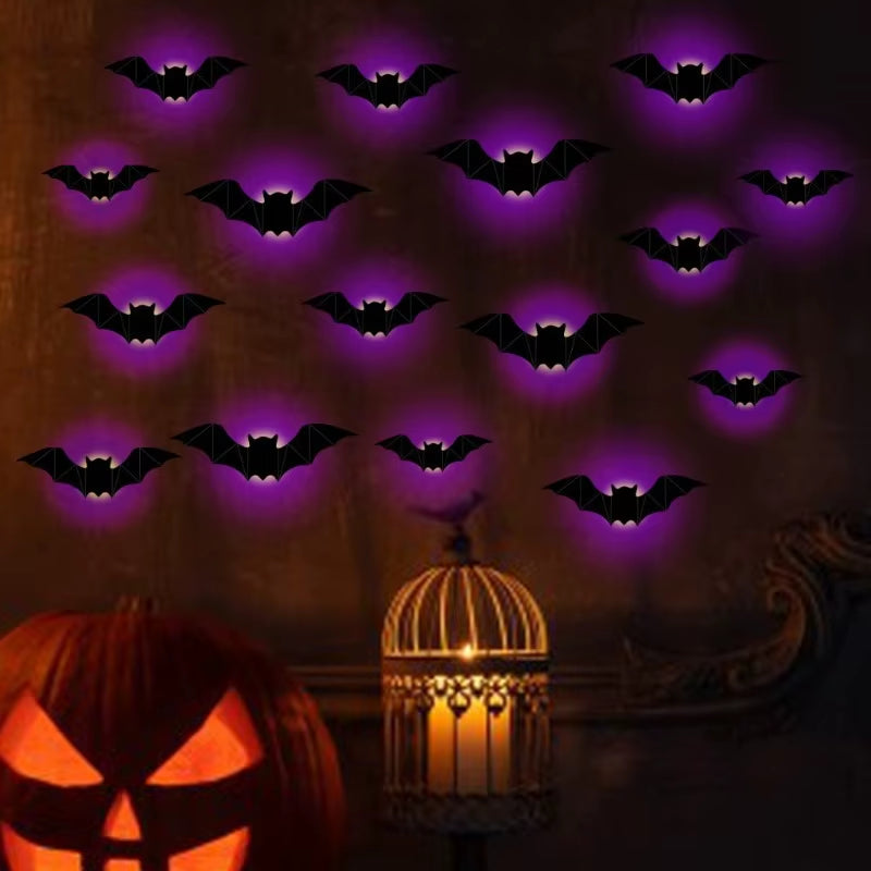 New 16Pcs Halloween LED Bats Light Wall Stickers 3D Luminous Bats Halloween Glowing Wall Sticker for DIY Home Party Decoration