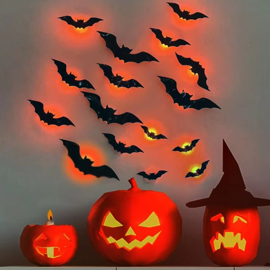 New 16Pcs Halloween LED Bats Light Wall Stickers 3D Luminous Bats Halloween Glowing Wall Sticker for DIY Home Party Decoration